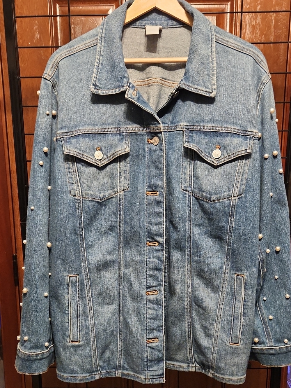 Chico's Light Blue Pearl-Embellished Denim Jacket